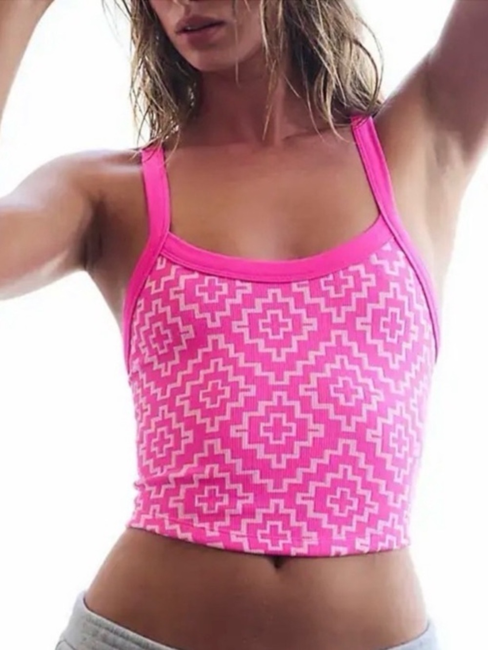 Free People Pink Geo Print Ribbed Crop Tank